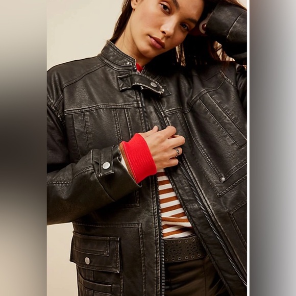 NWT Free People All About That Moto Vegan Leather Jacket in Off Black Sz Medium - Picture 3 of 9